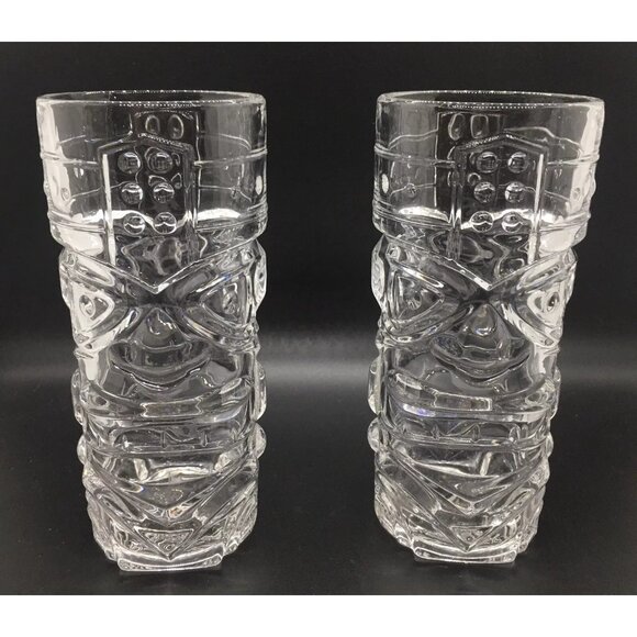 Set Of 2 Clear Tiki Bar Totem Glasses Heavy 12 Oz Hawaiian Design     17 - Picture 2 of 3